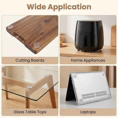 Image showing 20 Pack Rubber Feet For Cutting Boards Non Slip Silicone Feet With Waterproof Adhesive on various surfaces.