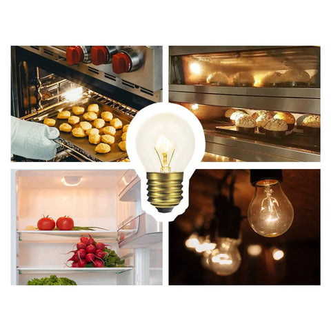 40 Watt G45 High Temp Oven Light Bulb 300C 570F E26 Base Dimmable Appliance Bulb For Oven Refrigerator Microwave 110-130 Volt 2 Pack Bright 400 Lumens Easy Replacement shown lighting oven, refrigerator, and room.