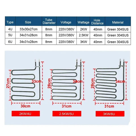 Built Tough Swap Out Electric Heater Replacement Part 220V Six U Tube Heating Coil 3KW Immersion Element Easy Install Kits, diagram showing sizes and details of heating coils.