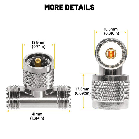 UHF Male To Dual UHF Female 3 Way Pro Grade Splitter Coax Adapter PL259 To SO239 dimensions and design details, T shape connector