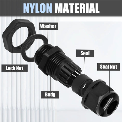 Exploded view of 25 Pcs Nylon Cable Glands Set With IP68 Waterproof Strain Relief For 3 To 13mm Cables showing lock nut, washer, body, seal, seal nut.