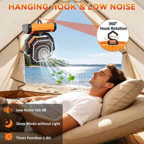 Beast 20000mAh Rechargeable Camping Fan With Digital Battery Gauge hanging in tent with relaxed person.