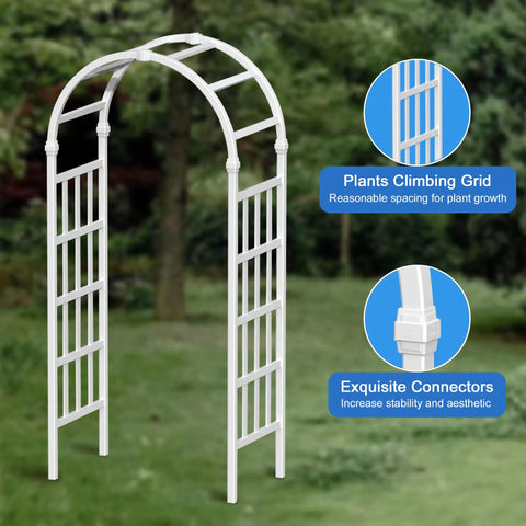 Weatherproof Vinyl Garden Arbor Arch 41W By 86H White Easy Assembly With Ground Anchors against lush green backdrop
