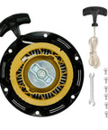 Pull Start Recoil Starter Assembly For Predator 79cc 3HP OHV Engine, complete with rope, wrench, and screws.