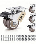 2 Inch Double Wheel Swivel Caster Wheels Set Of 4 Rubber Heavy Duty Casters With 880 Lbs Load Capacity Ideal For Workshop, Garage, Storage Racks And Office Furniture, Includes 2 Brakes And 2 Non Brake Wheels displayed with hardware and wrench