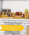 Expandable 3 Tier Bamboo Spice Rack And Kitchen Cabinet Organizer Fits Standard Jars Horizontally on kitchen shelf with jars.