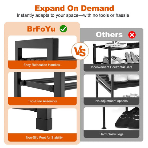 Comparison of Space Saver Expandable Shoe Rack 18.5 To 33 Inches Wide 3 Tier Metal Shoe Organizer versus other racks.