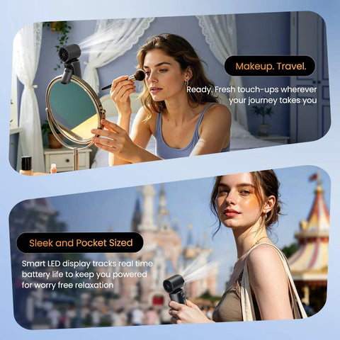 Woman using Portable Clip-On Mini Fan Handheld Turbo Breeze With 180 Degree Rotation 3000mAh Battery 5 Speed Modes indoors.