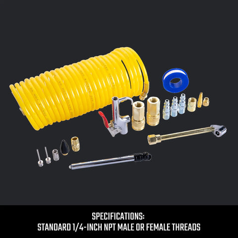 20 Piece Air Compressor Accessory Kit With Recoil Hose, Tire Inflator, Blow Gun, Brass Quick Connect Fittings and accessories