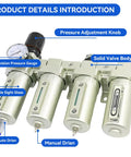 Three Quarter Inch NPT Heavy Duty Four Stage Air Dryer System for Compressors with Water Separator and Auto Drain shown with labeled parts