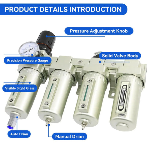 Three Quarter Inch NPT Heavy Duty Four Stage Air Dryer System for Compressors with Water Separator and Auto Drain shown with labeled parts