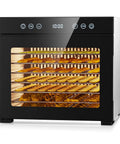 Heavy Duty Food Dehydrator With 650 Watt Motor And Eight Stainless Steel Trays featuring visible trays of dehydrated snacks.