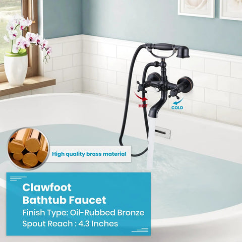 Oil Rubbed Bronze Wall Mount Clawfoot Bathtub Faucet With Handheld Sprayer, 360 Degree Swivel Spout in vintage tub setting