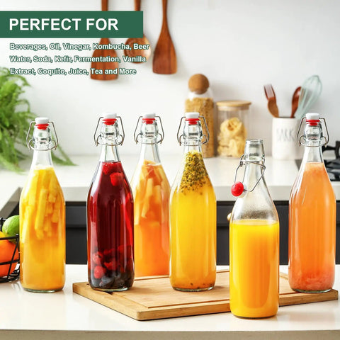 Eight Pack Of 33 Oz Swing Top Glass Bottles With Secure Caps And Lead Free Design Top For Brewing Kombucha And Syrups Includes Funnels Pourers Spare Rings And Waterproof Stickers So You Can Store Your Batch Straight Up No Drama And Keep Your Space