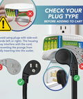 Voltage And Surge Protector For Fridges Up To 27 Cu Ft Two Pack With 303 Joule Capacity Auto Shuts Off At 140 VAC High And 90 VAC Low showing plug compatibility tips and warnings in the image.
