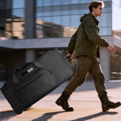Luggage: 120L rolling duffle bag with wheels and pull handle, side view