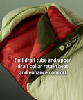 Cosmic 20 Down Mummy Sleeping Bag With 550 Fill Power Down showing draft tube and draft collar, eco-friendly design