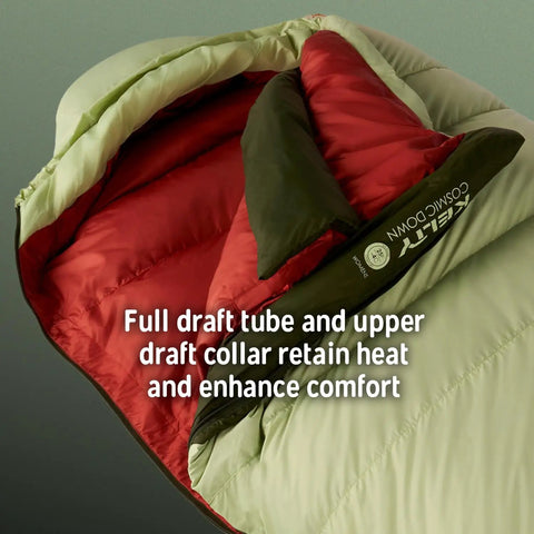 Cosmic 20 Down Mummy Sleeping Bag With 550 Fill Power Down showing draft tube and draft collar, eco-friendly design