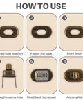 Framendino 12-pack turn-lock bag clasps in antique brass finish; step-by-step installation diagram (front, back, install).