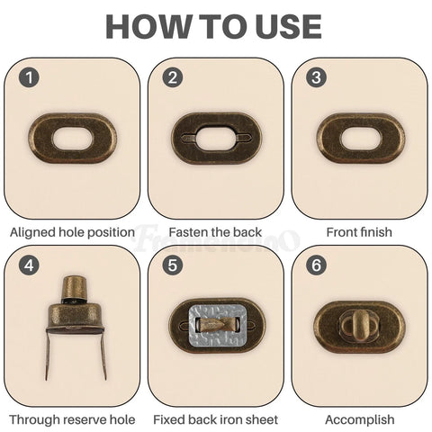 Framendino 12-pack turn-lock bag clasps in antique brass finish; step-by-step installation diagram (front, back, install).