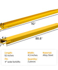 Side view of two yellow 92-inch forklift extensions, 4.5-inch wide, for 4-inch forks; alloy steel.