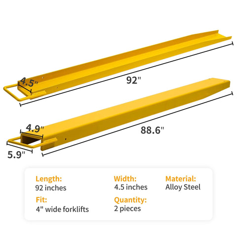 Side view of two yellow 92-inch forklift extensions, 4.5-inch wide, for 4-inch forks; alloy steel.
