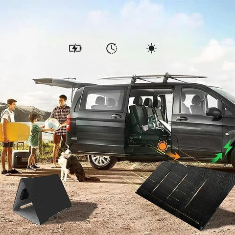 Family camping with van and 40W Foldable Solar Panel Charger With USB C And DC5521 Output IP65 Waterproof Monocrystalline Cells Ultra Portable