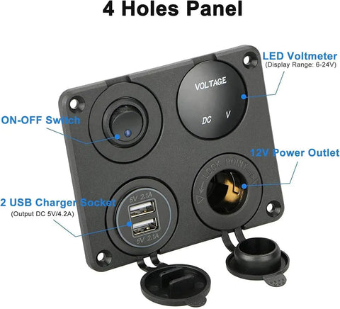4 In 1 Car Charger Panel With LED Voltmeter And Dual USB 4.2A Fast Charge Cigarette Lighter Socket and LED Rocker Switch