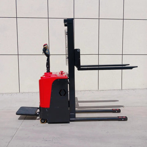 The Ultimate Full Electric Walkie Pallet Stacker With 1000kg Or 1500kg Capacity And A Smooth 3000mm Lift Height displayed side view.