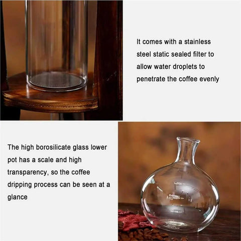 Portable Cold Brew Drip Tower With Smooth Flow Dial And Hefty 1000 Milliliter Pitcher features a glass lower pot with scale.