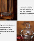 Portable Cold Brew Drip Tower For Silky Iced Coffee With Adjustable Flow Valve And Huge 1000 Ml Tank featuring stainless steel filter and borosilicate glass pot.
