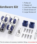Smooth Glide Cabinet Sliding Door Kit With Double Rails For Kitchen And Wardrobe Interior Bypass Barn Door Hardware Wall Mount System For 36 48 Or 60 Inch Openings Champagne Finish Includes 4 Rollers And Aluminum Track hardware components and screws displayed on a blue background.