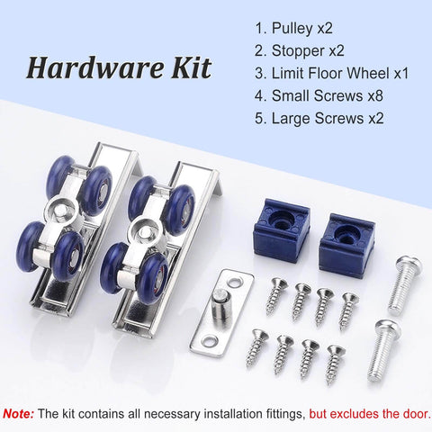 Smooth Glide Cabinet Sliding Door Kit With Double Rails For Kitchen And Wardrobe Interior Bypass Barn Door Hardware Wall Mount System For 36 48 Or 60 Inch Openings Champagne Finish Includes 4 Rollers And Aluminum Track hardware components and screws displayed on a blue background.