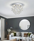 Modern living room with Six-Light Modern Crystal Chandelier With K9 Crystals, Flush Mount Ceiling Fixture, Raindrop Style