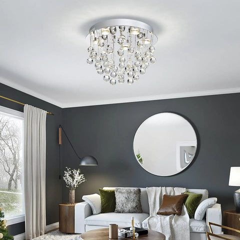 Modern living room with Six-Light Modern Crystal Chandelier With K9 Crystals, Flush Mount Ceiling Fixture, Raindrop Style
