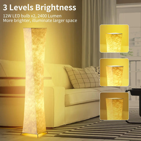 Tall Dimmable Floor Lamp With White Fabric Shade 64 Inch Standing Light Two 12W LED Bulbs 3 Brightness Levels Cozy Vibe 2700K Ambient Glow Modern Home Decor For Living Room Bedroom Kids Room glowing beside sofa.