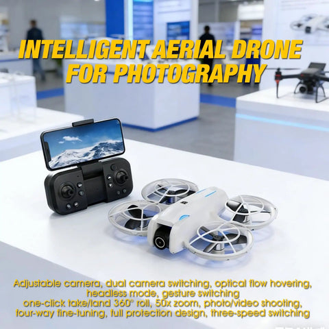 4K Camera Drone For Beginners With Altitude Hold And One Key Takeoff Landing Auto Follow 3 Speed Modes Stunt Roll Live Phone Feed Easy RC Quadcopter display with remote control on a table