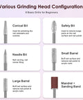 Kickass Cordless Nail Drill And Electric File Kit With Variable Speed And Forward Reverse Function Pro Grade Burrs showing various grinding head configurations.