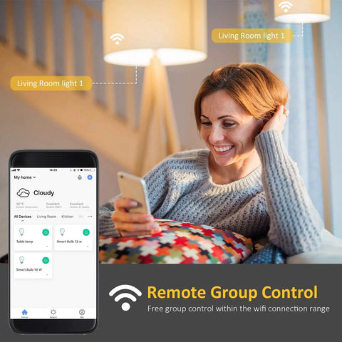 Woman using app to control Ultra Bright 16W Smart LED Bulbs 150W Equivalent 1600 Lumen Full Color Changing WiFi E26 A19