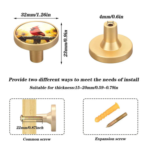 Four Pack Bird Fence Sunflower Cabinet Knobs With Durable Zinc Alloy Pulls, shown with screw options and dimensions.