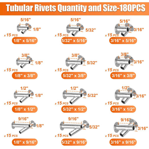 Heavy Duty Hand Rivet Squeezer Kit For Auto Body Repair And Weekend Warrior Projects Including 180 Aluminum Rivets With Six Interchangeable Flush Dies For No Sweat Metalwork Anywhere, displaying diverse rivet sizes and quantities.