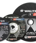 Three sizes of Zip Wheel Cutoff Disc with Aluminum Oxide, featuring 7 in diameter, 5/64 in thick, 7/8 in arbor, for metal fabrication.