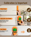 Calibration guide for LSENLTY Stud Finder Wall Scanner, showing wood stud, metal/AC wire, and nail modes.