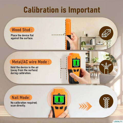 Calibration guide for LSENLTY Stud Finder Wall Scanner, showing wood stud, metal/AC wire, and nail modes.