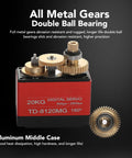 Heavy Duty Rock Solid Metal Gear Servo Motor Delivering Straight Up High Torsion Digital Control With Slick Precision For Tough Robotics Builds Running Dead On And Completely Stress Free, with visible metal gears and bearing.