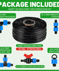 Package of 1000 Ft Drip Tape Irrigation Kit With 5/8 Inch Tubing 16 Mil Thickness 6 Inch Emitter Spacing, includes fittings.