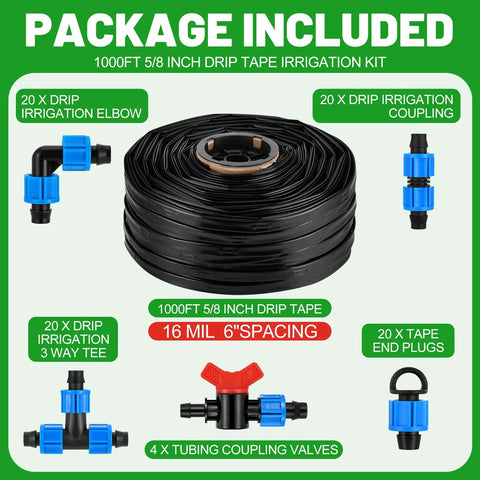 Package of 1000 Ft Drip Tape Irrigation Kit With 5/8 Inch Tubing 16 Mil Thickness 6 Inch Emitter Spacing, includes fittings.