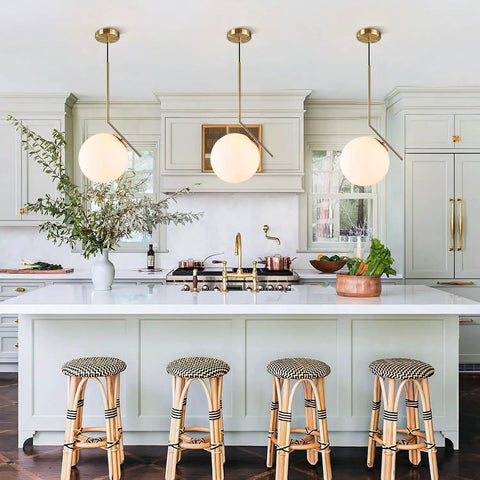 Kitchen with Mid Century Modern 1 Light Globe Pendant Chandelier In Brushed Gold With White Glass Ball For Kitchen Island