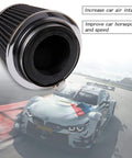 Universal Clamp On Air Intake Filter Kit For Cars And Motorcycles With Three Size Adapters 3In 3Point5In 4In High Performance Washable Replacement Filter To Boost Horsepower And Snap The Throttle Black shown with a racing car background.