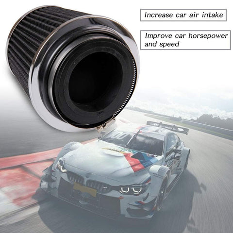 Universal Clamp On Air Intake Filter Kit For Cars And Motorcycles With Three Size Adapters 3In 3Point5In 4In High Performance Washable Replacement Filter To Boost Horsepower And Snap The Throttle Black shown with a racing car background.